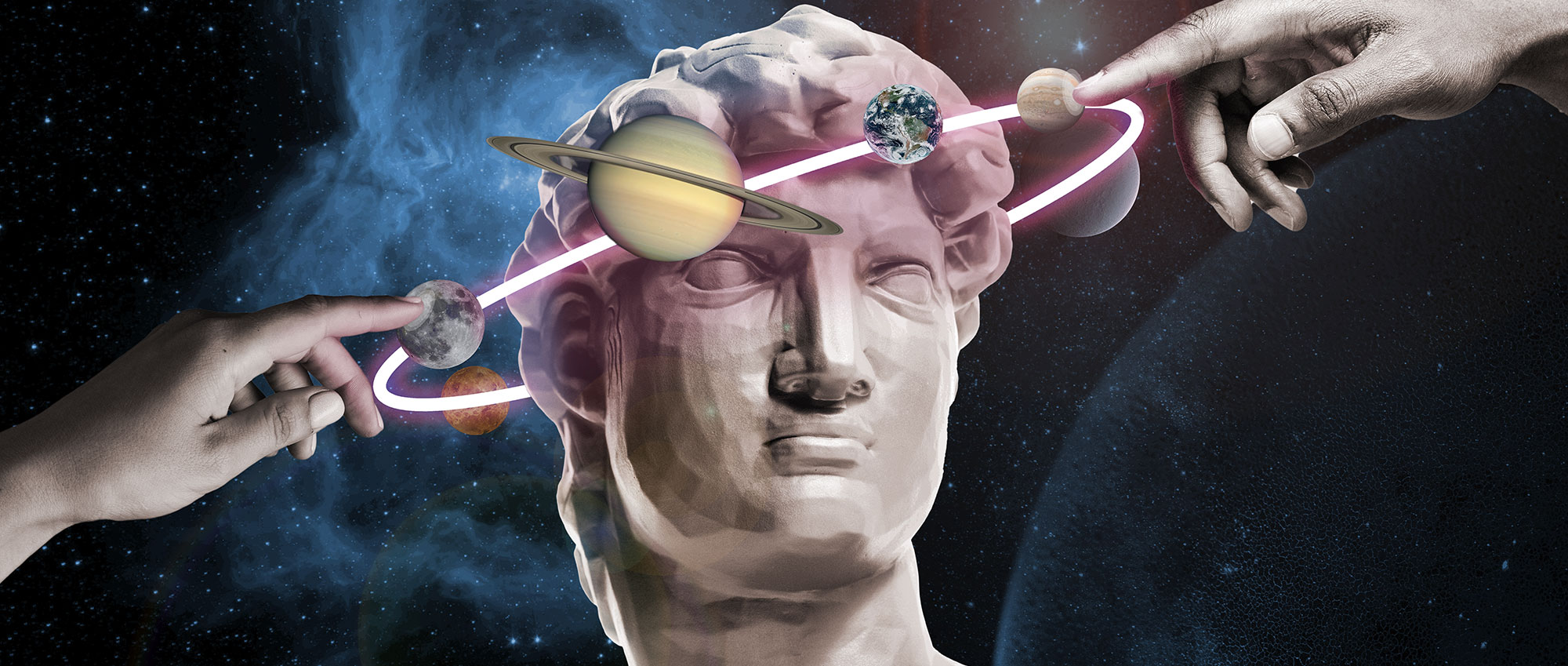 planets revolving around head of statue in night sky